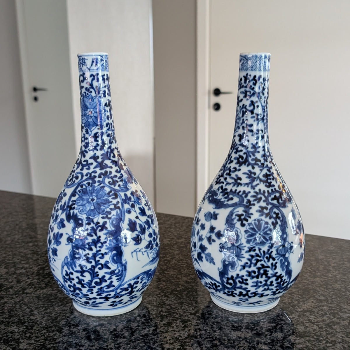 Chinese antique pair of underglazed blue and white bottle vases, Late Qing #3077, 3078