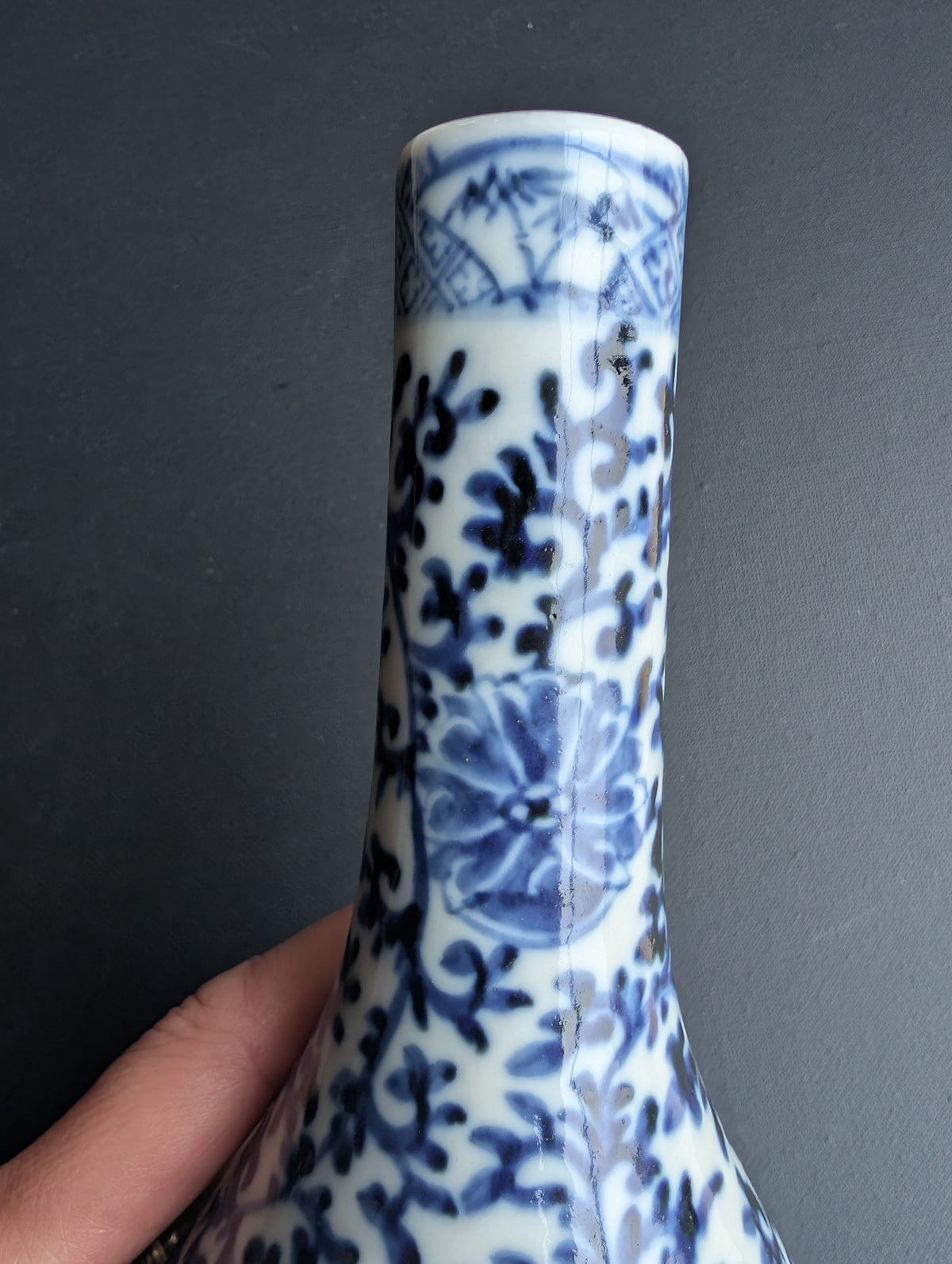 Chinese antique pair of underglazed blue and white bottle vases, Late Qing #3077, 3078