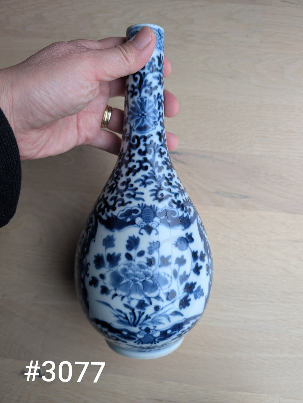 Chinese antique pair of underglazed blue and white bottle vases, Late Qing #3077, 3078