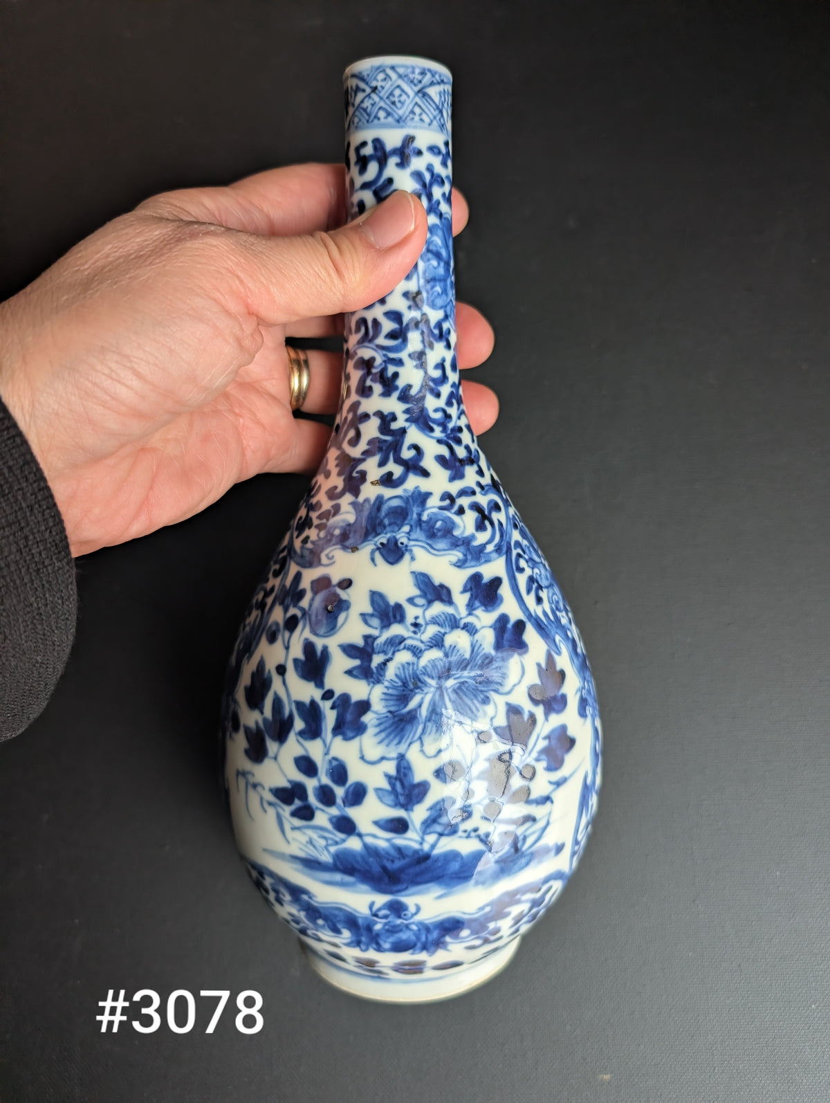 Chinese antique pair of underglazed blue and white bottle vases, Late Qing #3077, 3078