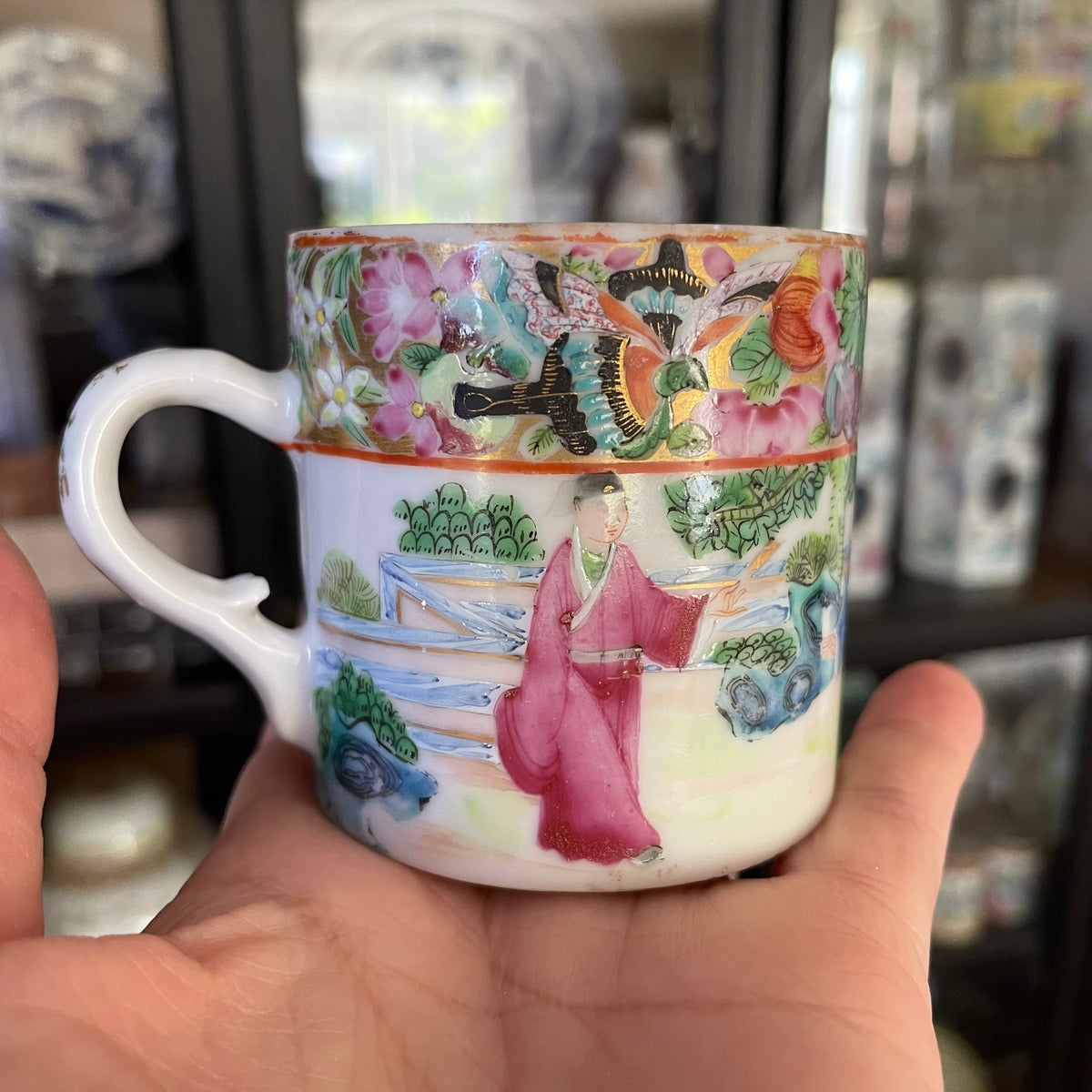 Antique Chinese rose mandarin punch cup, Qing Dynasty Mid 19th c #787