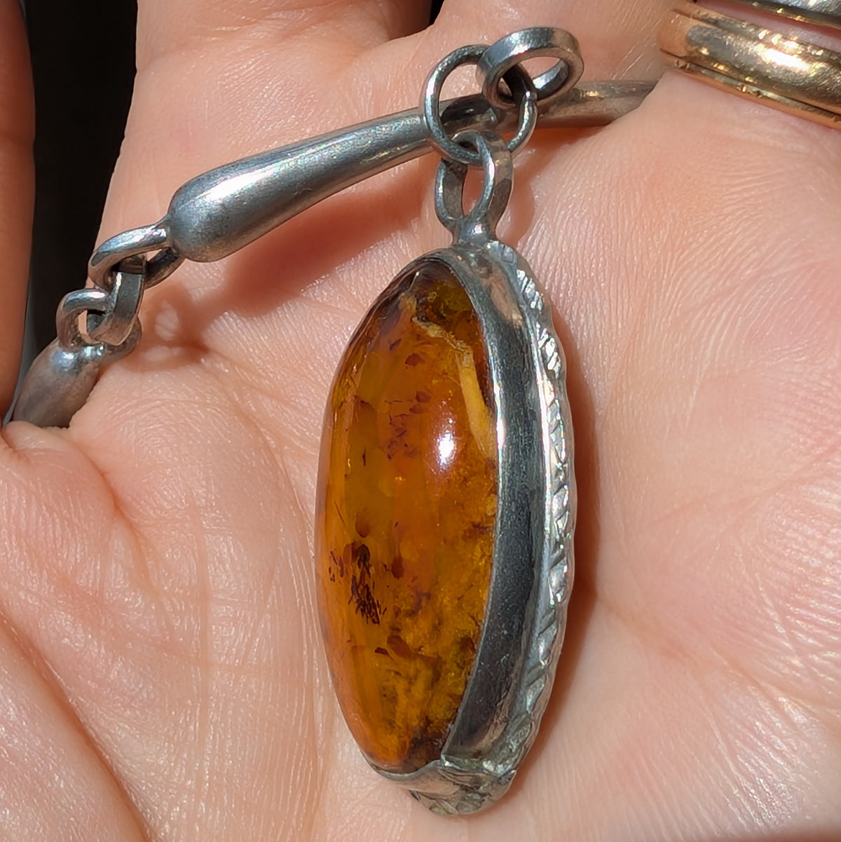 Unique Scandinavian design pewter necklace with Baltic amber #2950