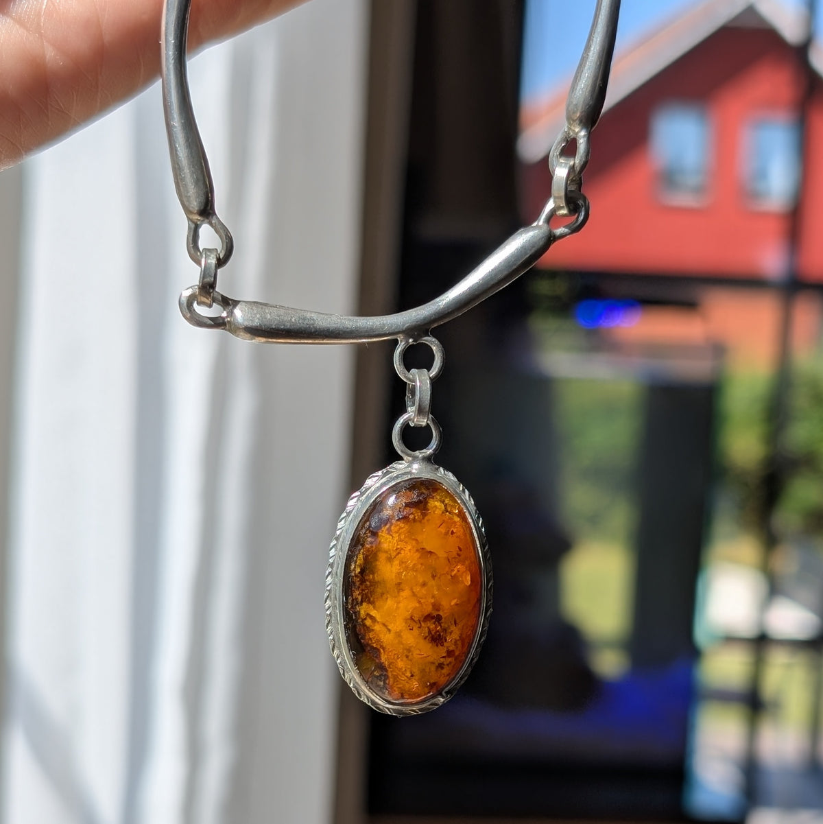 Unique Scandinavian design pewter necklace with Baltic amber #2950