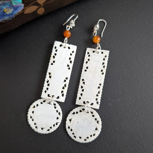 Unique design earrings with antique Chinese mother of pearl gaming counters chips tokens #2989