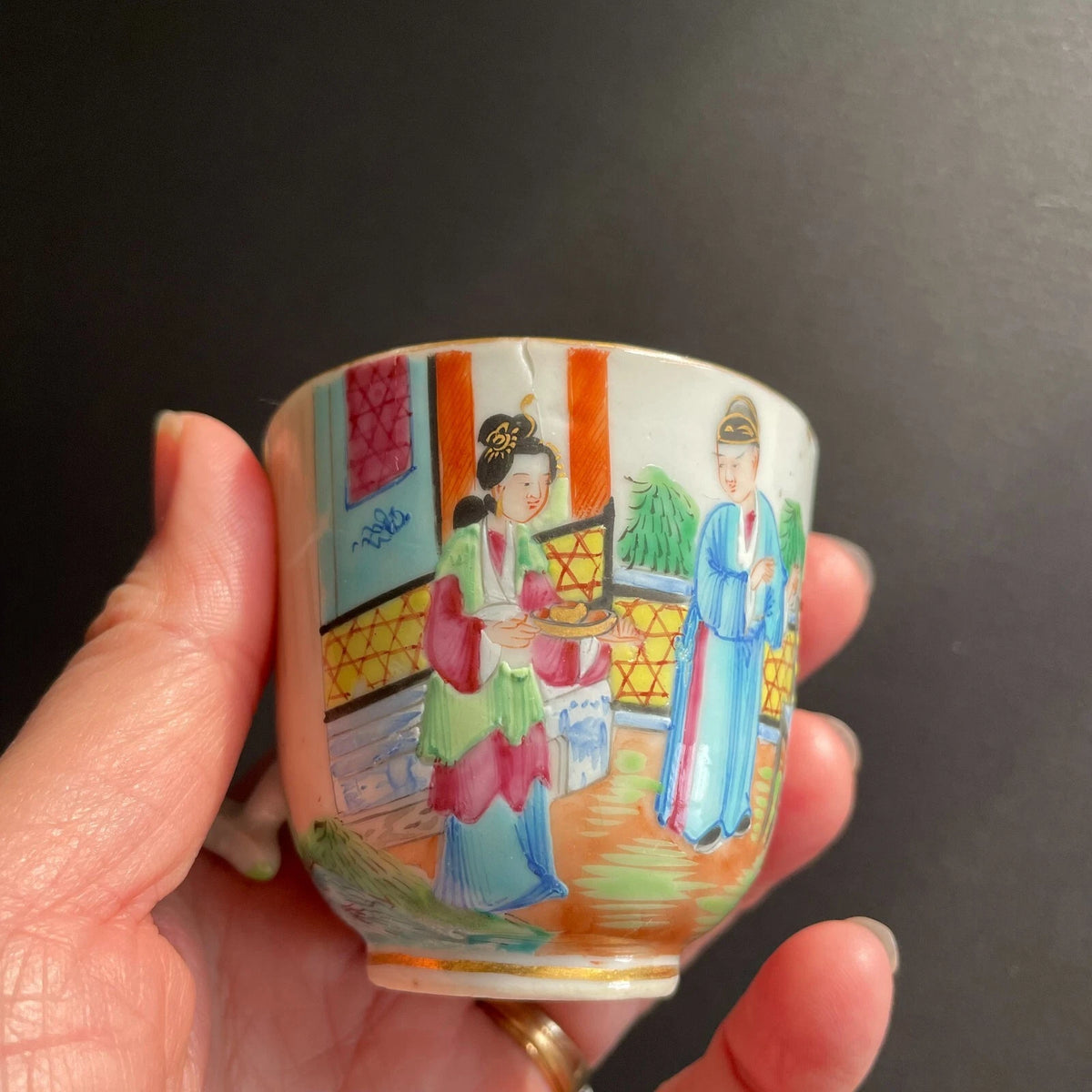 中国古董广彩花鸟纹茶杯及茶托 #1728