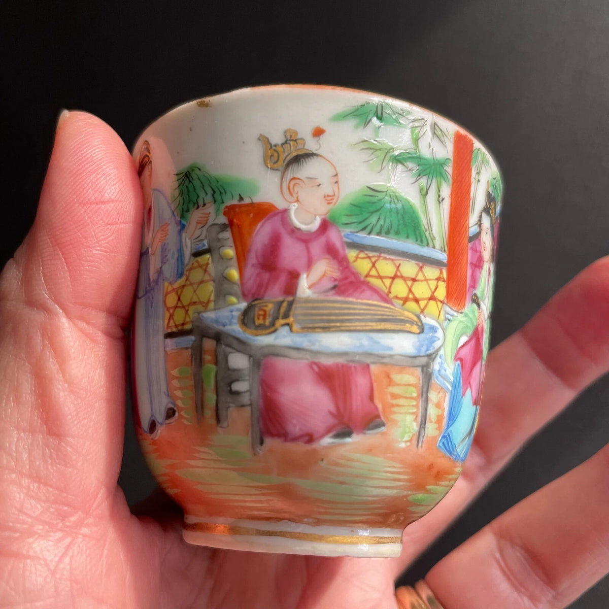 中国古董广彩花鸟纹茶杯及茶托 #1728