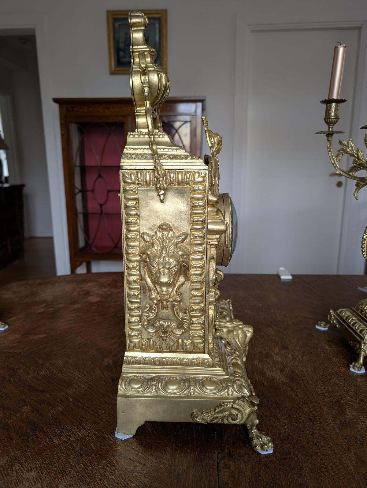 Large Napoleon III Gilt Bronze Mantel Clock With Matching Pair Of Candelabra, 19th Century
