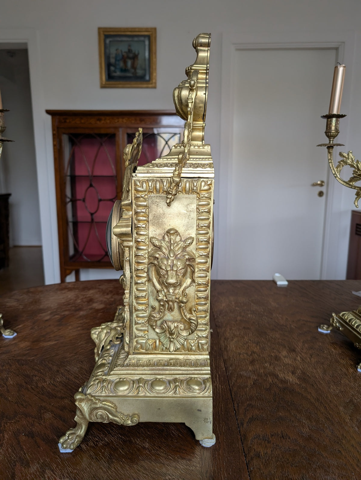 Large Napoleon III Gilt Bronze Mantel Clock With Matching Pair Of Candelabra, 19th Century