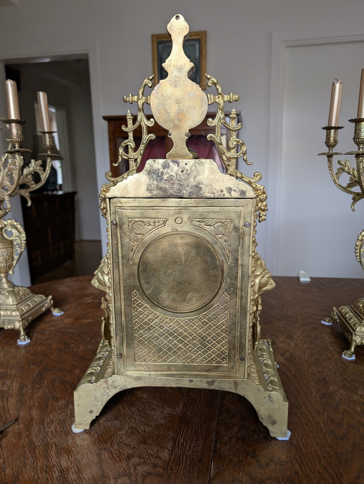 Large Napoleon III Gilt Bronze Mantel Clock With Matching Pair Of Candelabra, 19th Century