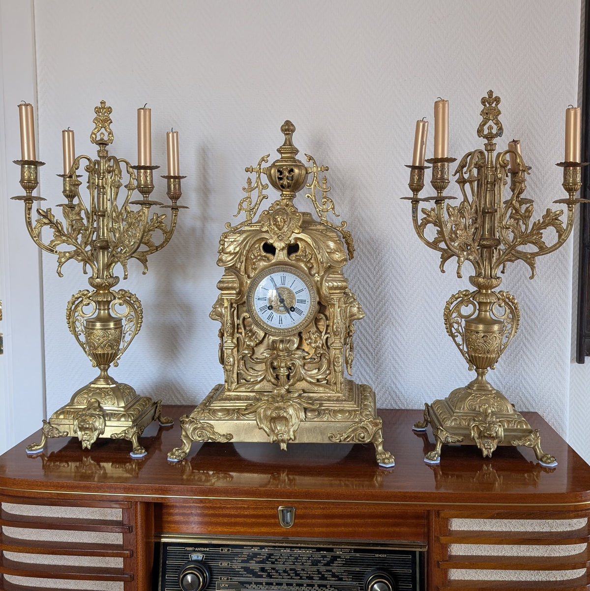 Large Napoleon III Gilt Bronze Mantel Clock With Matching Pair Of Candelabra, 19th Century