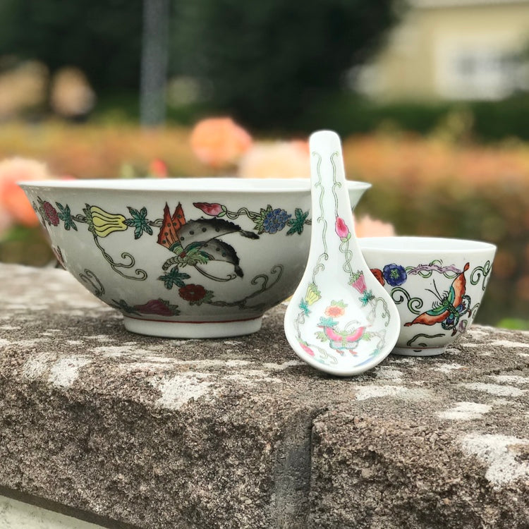 A set of Chinese Vintage Bowl, cup and spoon decorated with butterflies 1900's