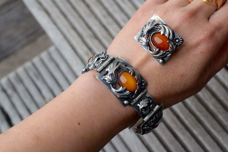 Natural Amber Antique bracelet bangle brooch sterling silver Danish design 60g #2373