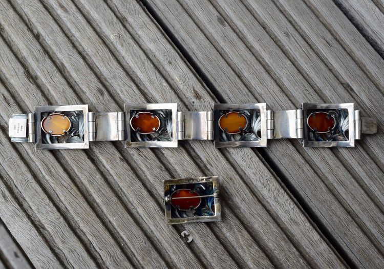 Natural Amber Antique bracelet bangle brooch sterling silver Danish design 60g #2373