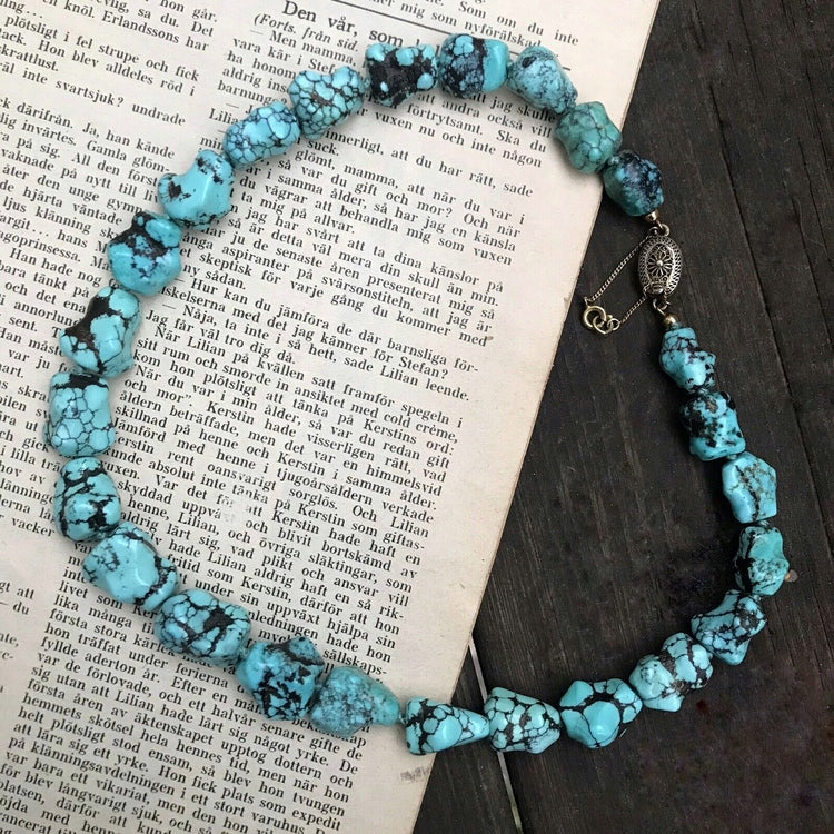 50's Vintage Chinese export to Sweden TURQUOISE necklace silver clasp BIG 84g