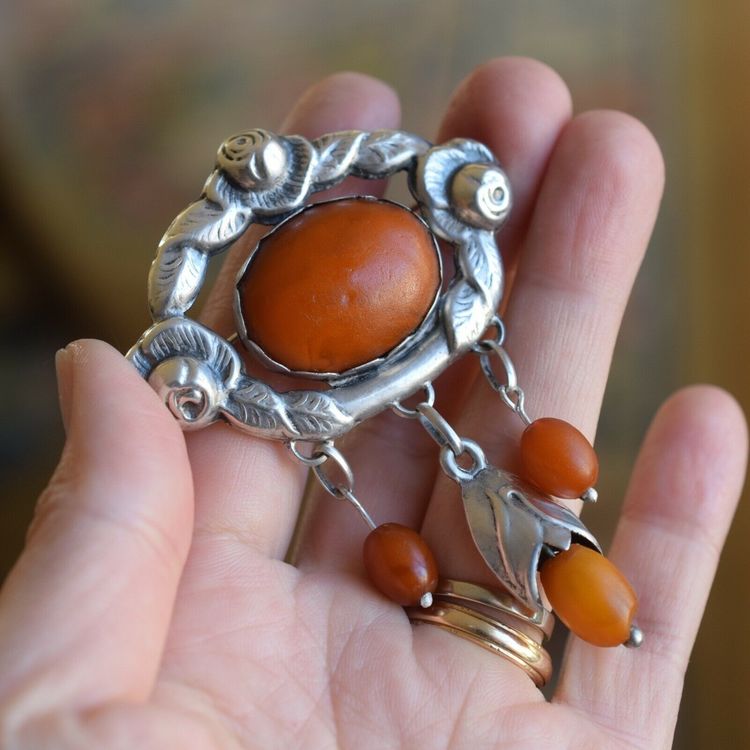 Antique Natural Amber Brooch With Silver From 1920s Art Nouveau 14.6g #2533
