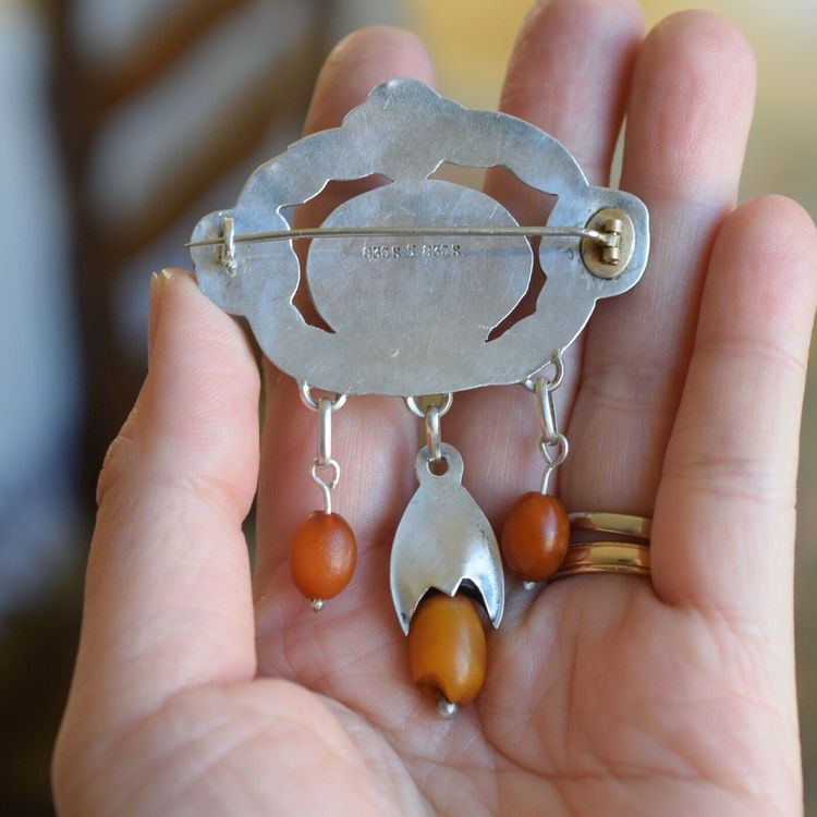 Antique Natural Amber Brooch With Silver From 1920s Art Nouveau 14.6g #2533