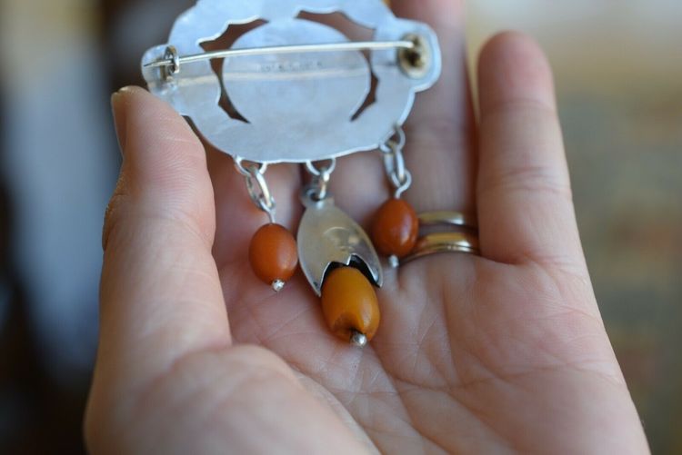 Antique Natural Amber Brooch With Silver From 1920s Art Nouveau 14.6g #2533