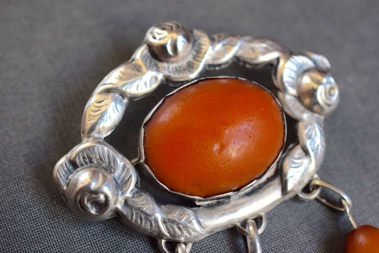 Antique Natural Amber Brooch With Silver From 1920s Art Nouveau 14.6g #2533