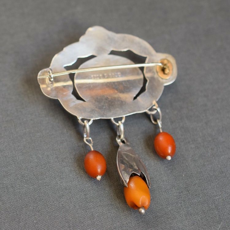 Antique Natural Amber Brooch With Silver From 1920s Art Nouveau 14.6g #2533