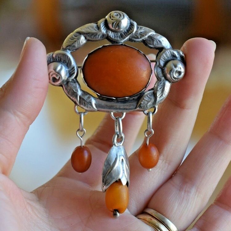 Antique Natural Amber Brooch With Silver From 1920s Art Nouveau 14.6g #2533