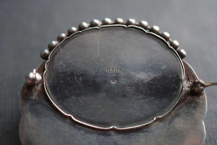 天然琥珀古董胸针 银色 产自丹麦 1930年代 新艺术风格 大号 23克 #2535