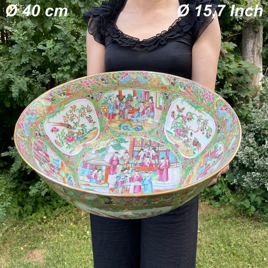 Large Antique Chinese Canton rose mandarin Punch Bowl 40 cm / 15,7 Inch