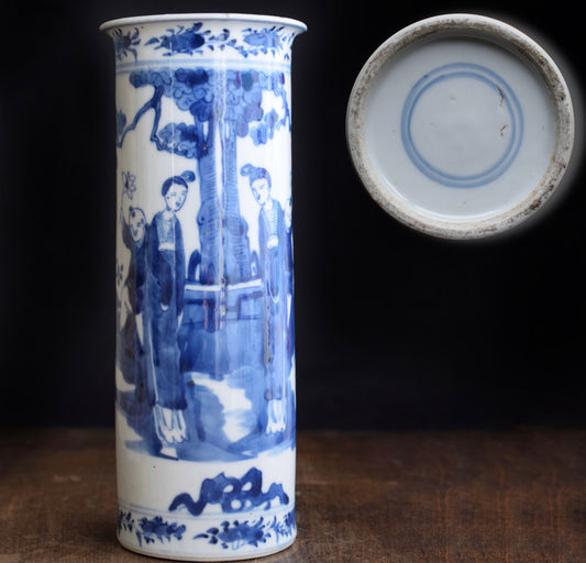Antique Chinese Blue and White sleeve vase trumpet late Qing #655 Kangxi Style