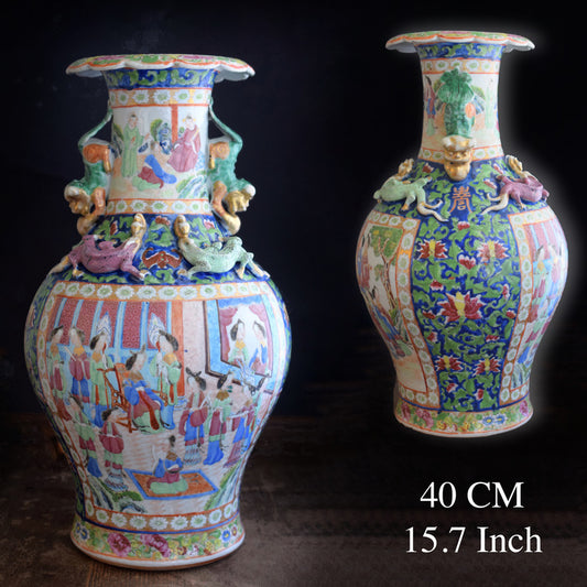 A rare Antique Rose Mandarin vase with Chi-Longs and foo lions, Daoguang period