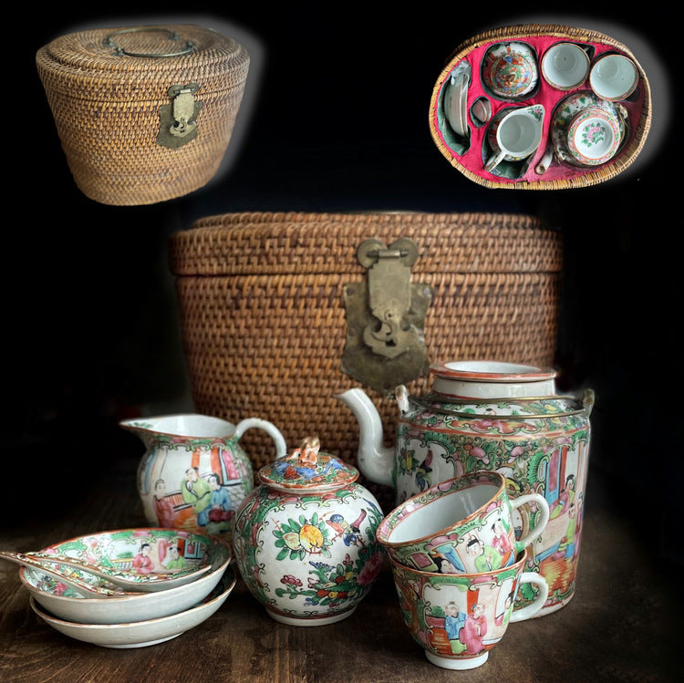 Antique Chinese Canton Rose Medallion tea set with basket 9 pieces! Late Qing