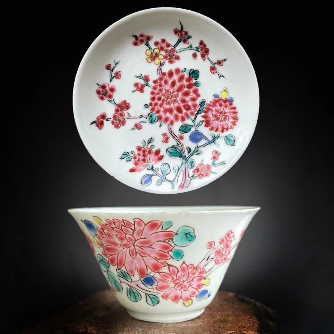 清雍正时期古董中国瓷茶杯及茶托，18世纪，编号 #729