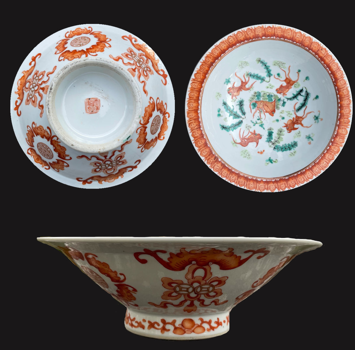 Antique Chinese bowl on foot Carps Goldfish Bats and longevities Late Qing #769