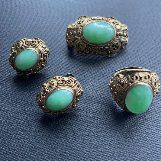 A set of Antique chinese filigree handmade gilded silver with Jade 50's brooch+ring +earings