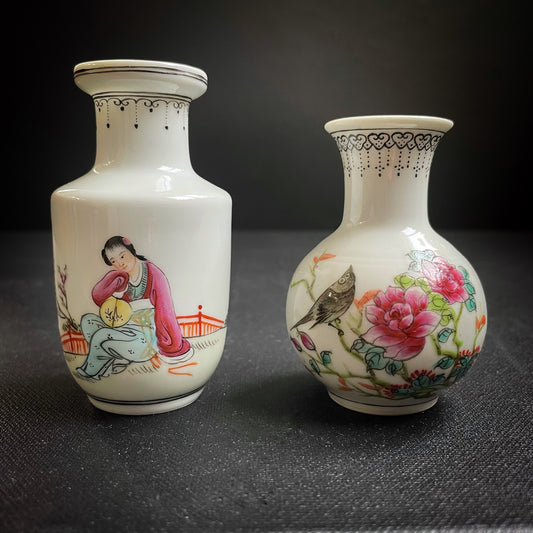 A Vintage set of 2 Chinese famille rose miniature vases, 1960s-70's #383, #853