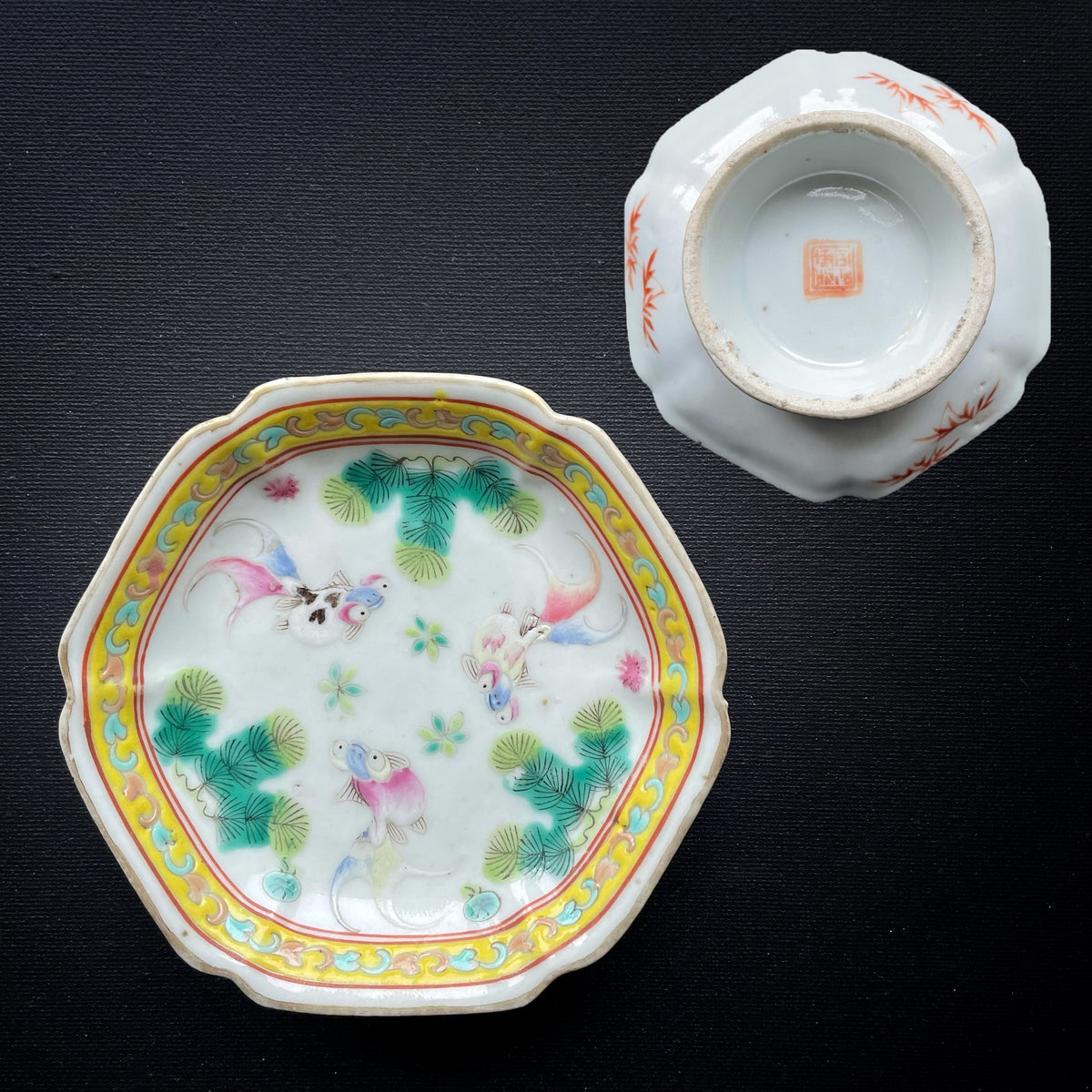 Antique Chinese dish on foot altar bowl goldfish Late Qing #902