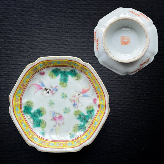 Antique Chinese dish on foot altar bowl goldfish Late Qing #902