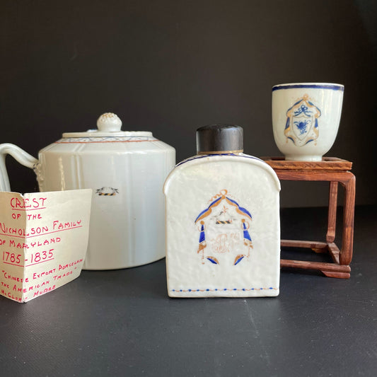 Antique Chinese armorial porcelain for American market, Teapot, Tea caddy, Cup