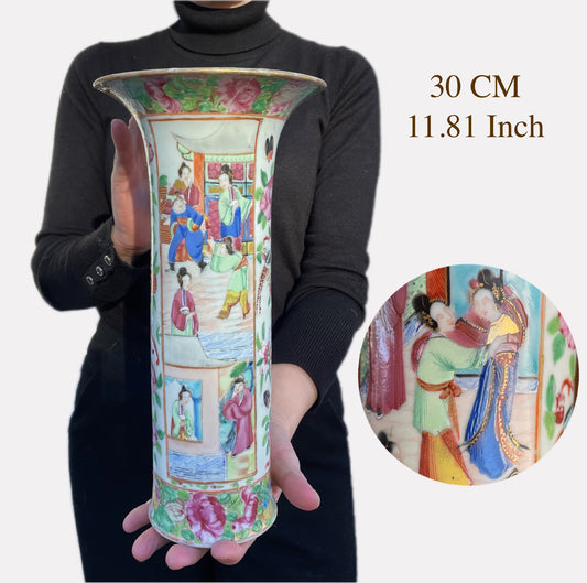 Antique Chinese rose mandarin trumpet vase / Gu vase early 19th century #982