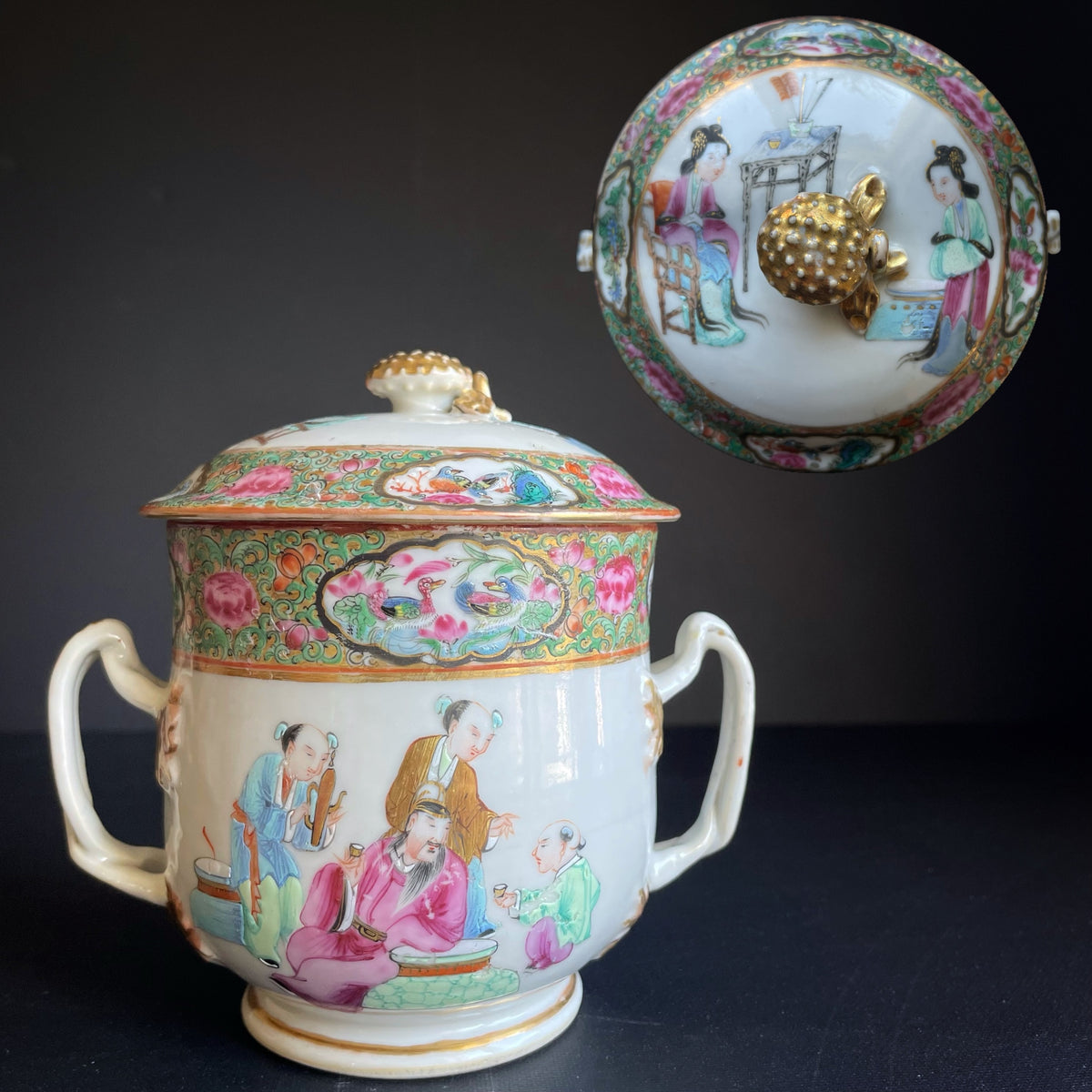 Antique Chinese rose mandarin sugar bowl with lid, Daoguang period #1060