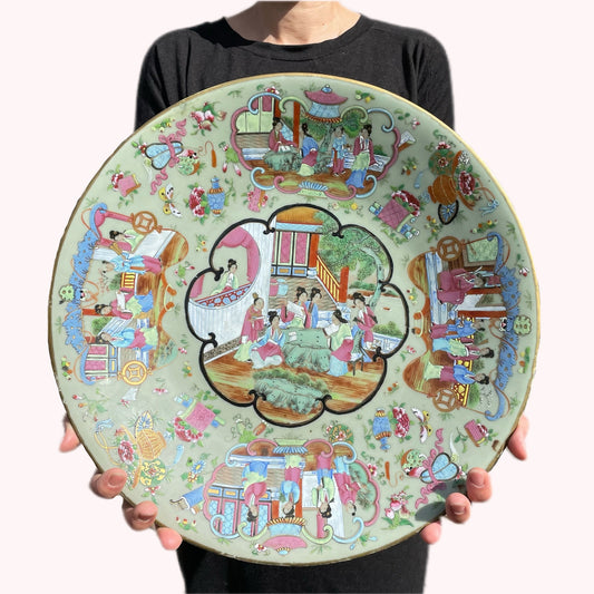 Large Chinese Rose Mandarin Charger, mid 19th c, Qing Dynasty #1076