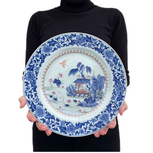 Antique Chinese underglazed blue charger with famille rose, 18th c, Qing #1308