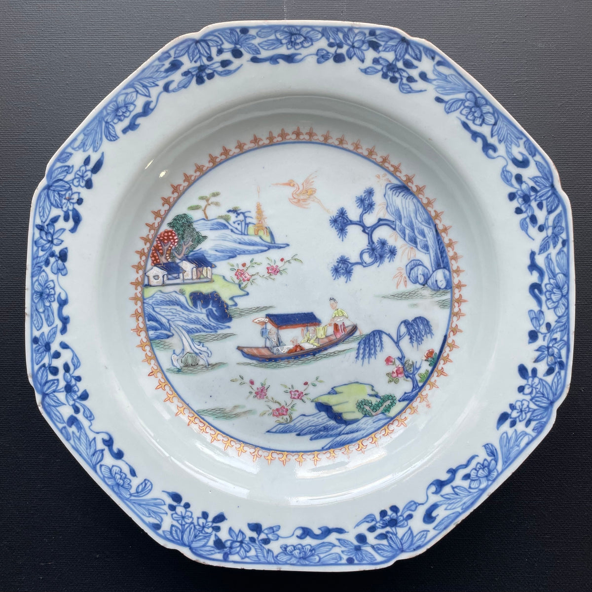 Antique Chinese underglazed blue plate with Famille Rose, Qianlong, Qing #1306