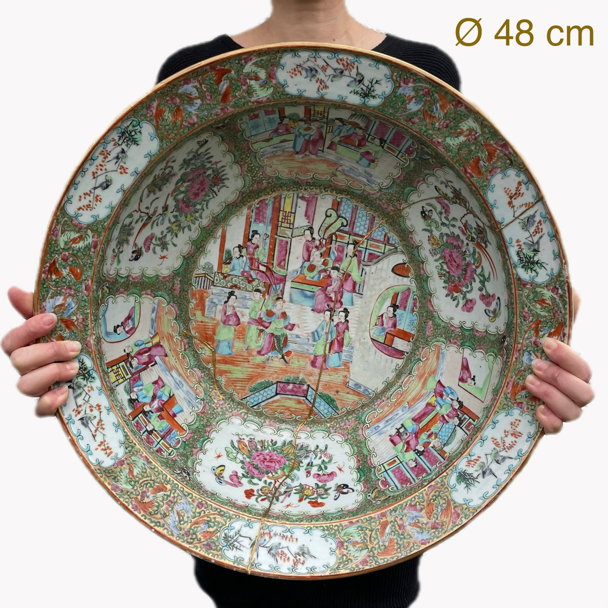 Large antique Chinese rose mandarin basin / handwash, late Qing Dynasty #1319