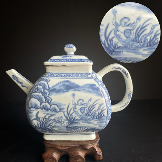 Antique Chinese square blue and white teapot, Mermaid decor, Kangxi, 18th c #1345