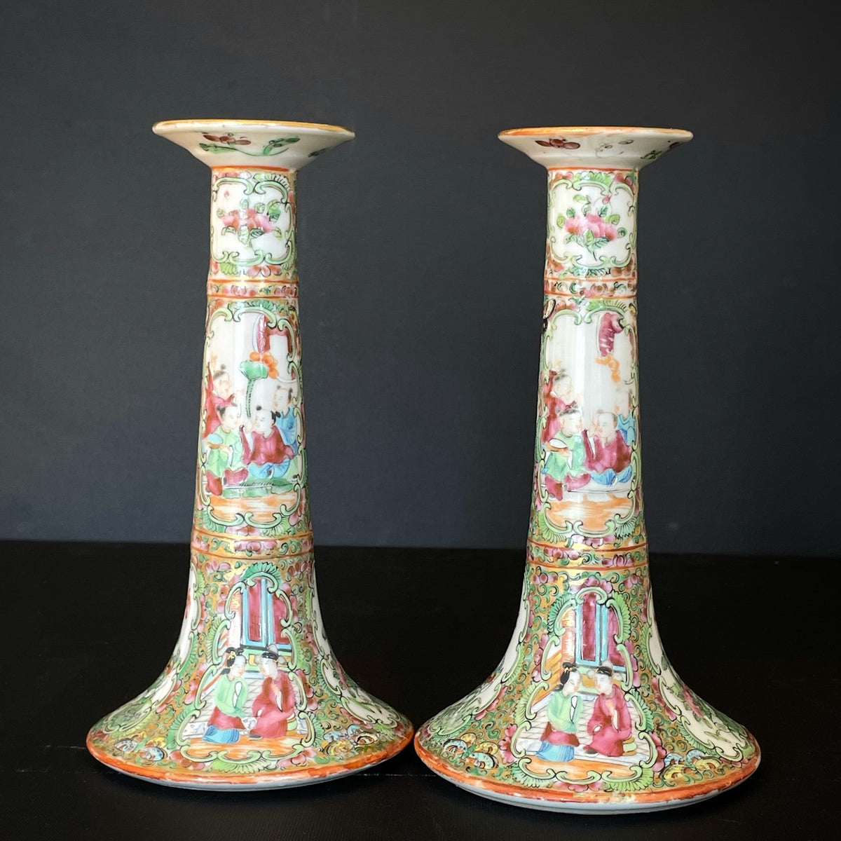 Antique Chinese rose mandarin Candlesticks 19th century #1410, #1411