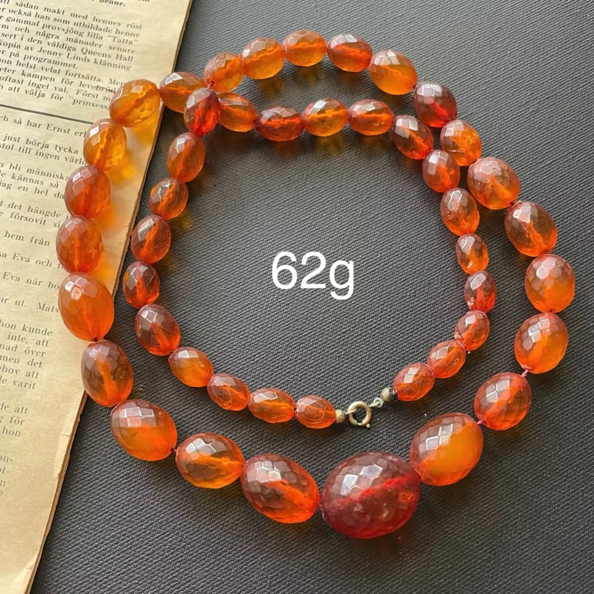 ANTIQUE NATURAL AMBER FACETED BEAD NECKLACE 62g FROM DENMARK 1950's