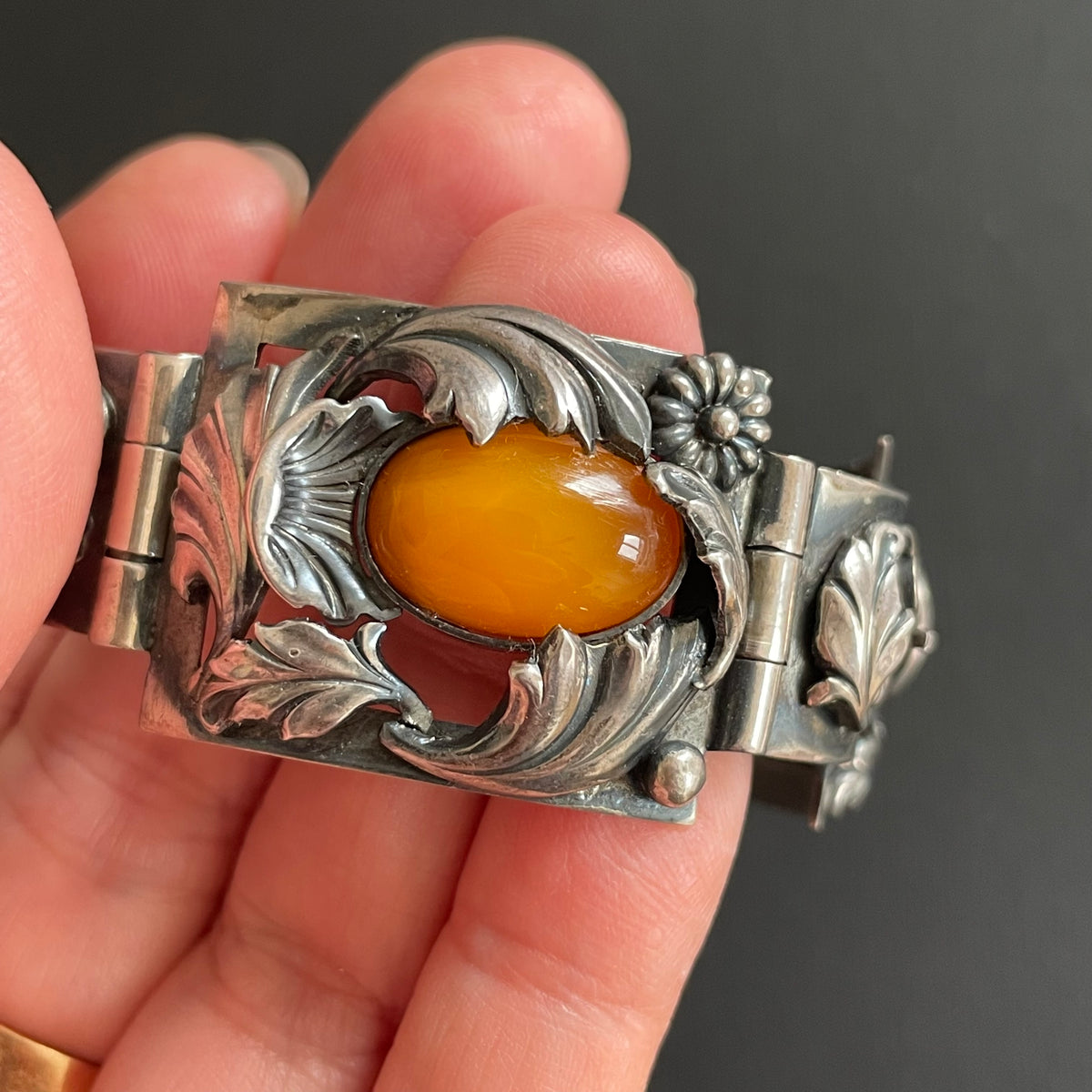 Natural Amber Antique bracelet bangle brooch sterling silver Danish design 60g #2373
