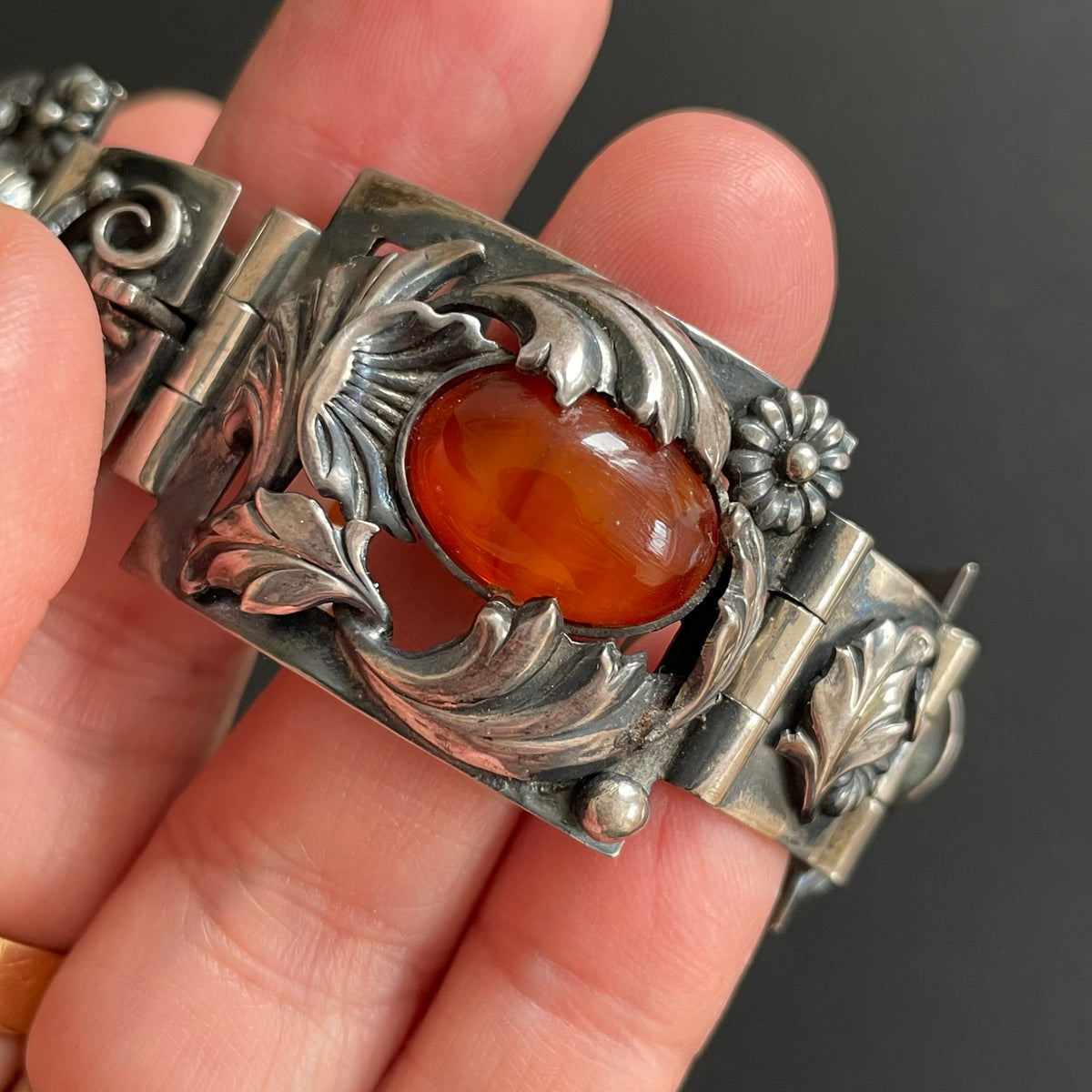 Natural Amber Antique bracelet bangle brooch sterling silver Danish design 60g #2373