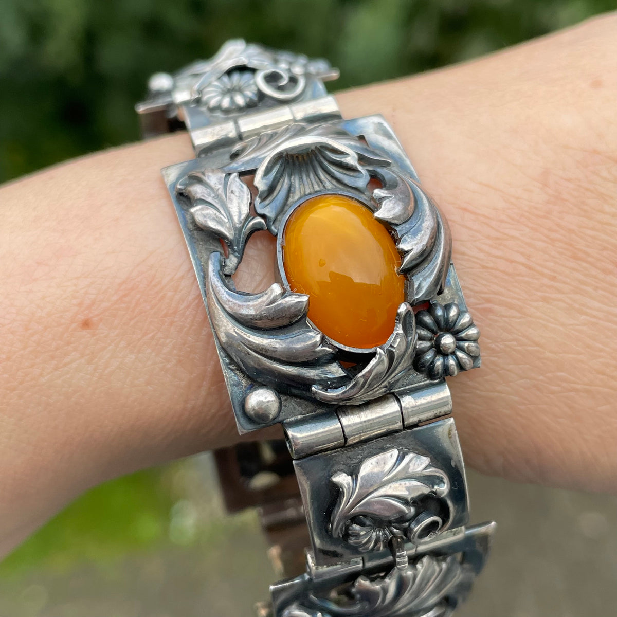 Natural Amber Antique bracelet bangle brooch sterling silver Danish design 60g #2373