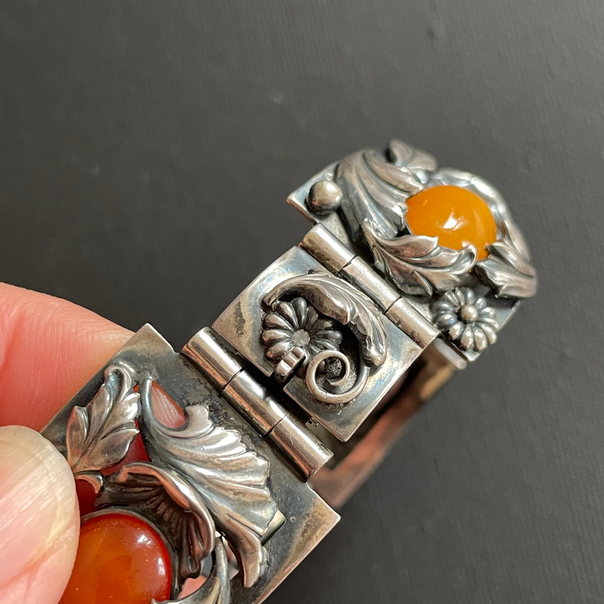 Natural Amber Antique bracelet bangle brooch sterling silver Danish design 60g #2373