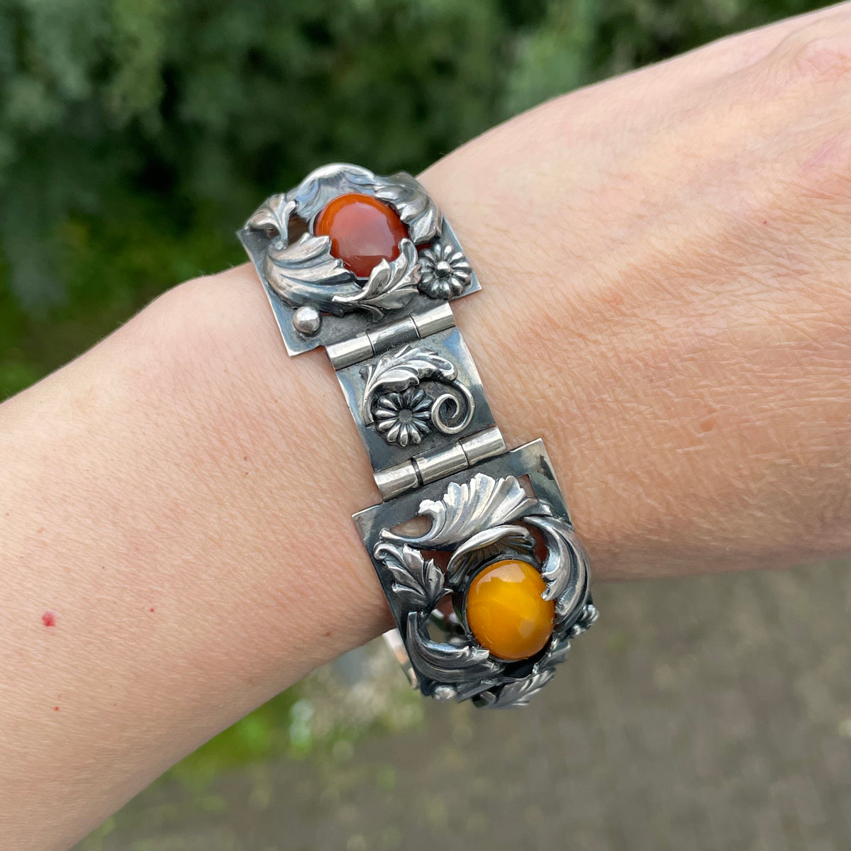 Natural Amber Antique bracelet bangle brooch sterling silver Danish design 60g #2373